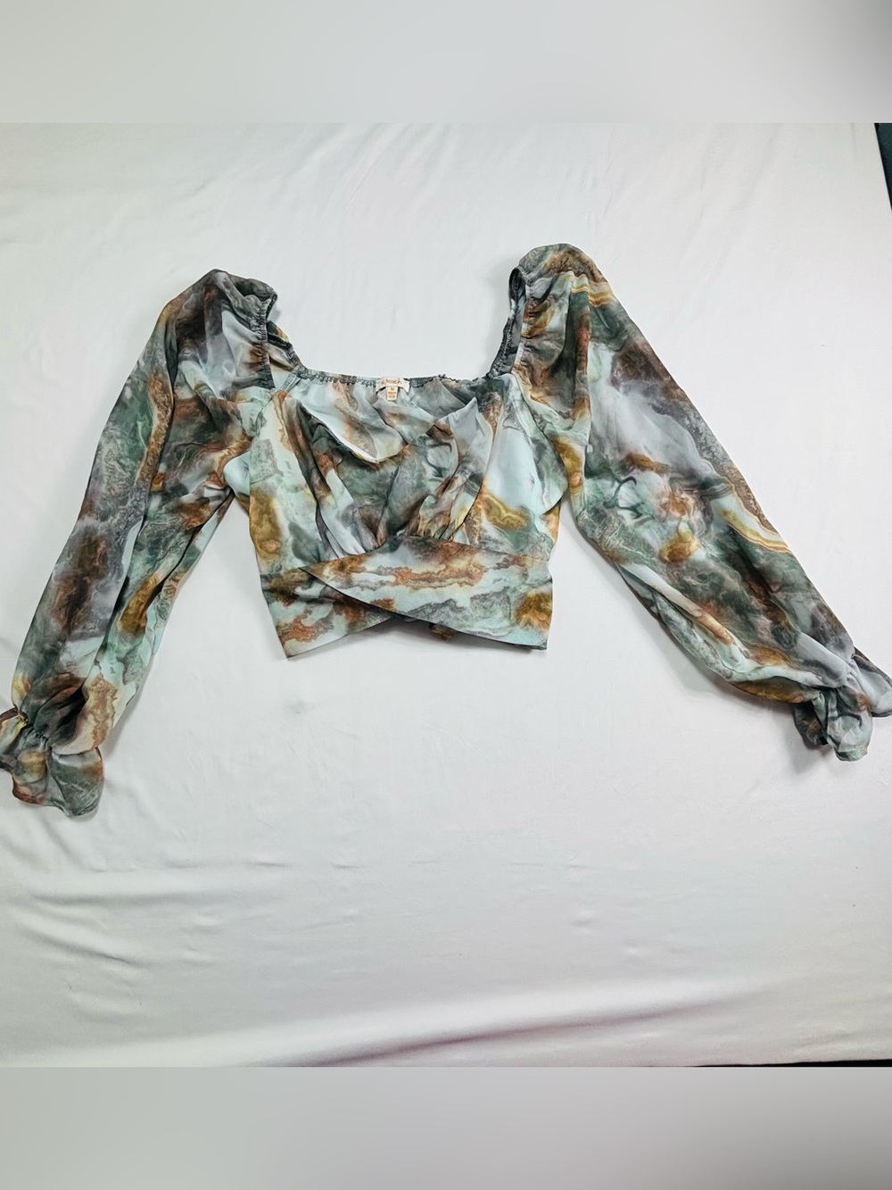 Abstract Marble-Print Puff Sleeve Crop Top - Mint & Brown W666